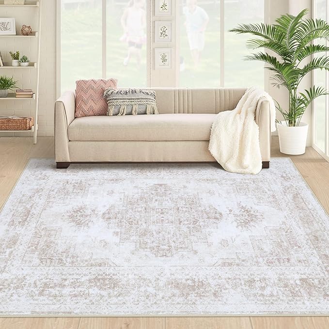 Area Rug 4x6 Vintage Rug, Machine Washable Vintage Distressed Medallion Rug Non-Slip Soft Low Pile Large Indoor Rugs for Bedroom Kitchen Dining Room Office(Beige,4'x6')