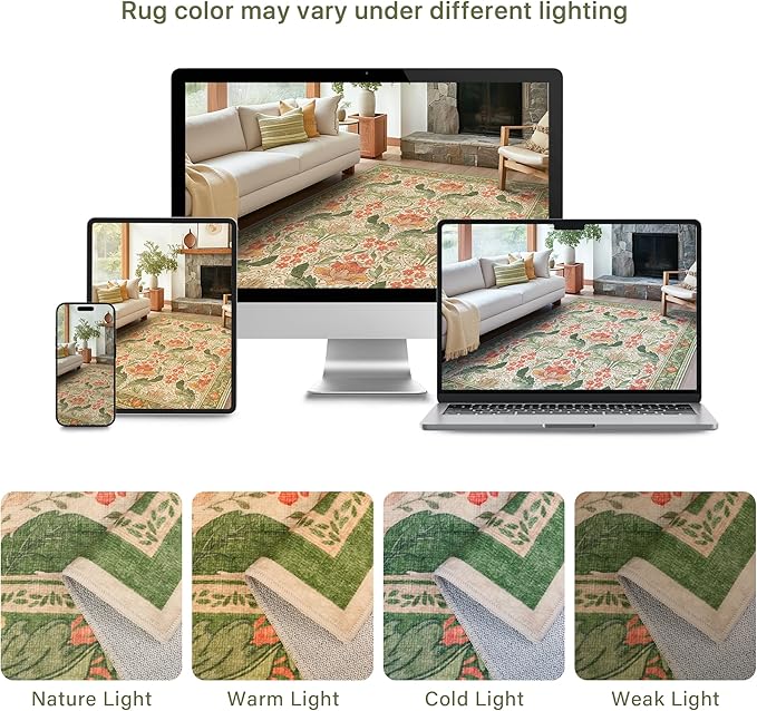 Bavni 8x10 Area Rugs for Living Room, Microfiber Machine Washable Non-Slip Vintage Floral Rug, Low Pile Lightweight Carpet for Bedroom, Dining Room, Home Office, Sage Green & Burnt Orange