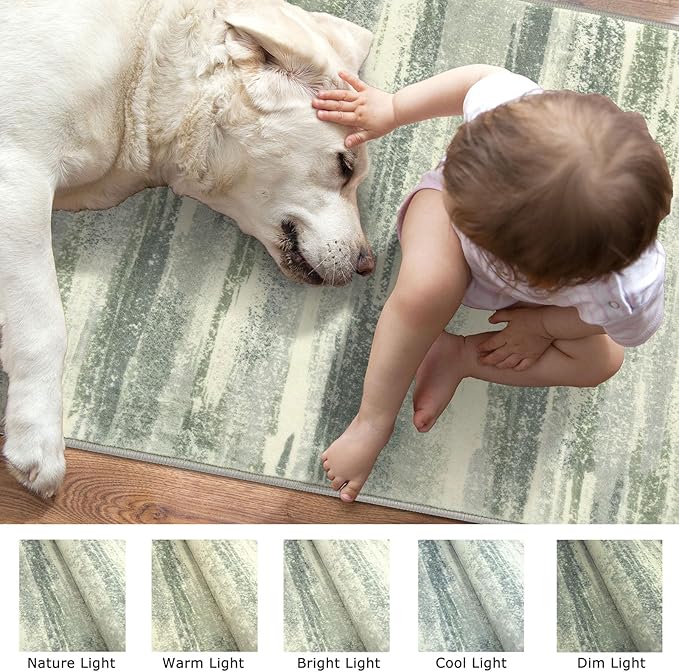 Modern Abstract Runner Rug 2x5, Sage Green Grey Washable Kitchen Runner Entryway Rug Mat Non-Slip Soft Hallway Rug Runner Thin Print Faux Wool Carpet for Bedroom Laundry Room Indoor