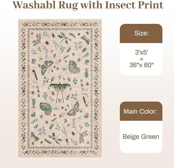 3x5 Washabl Rug with Insect Print - Bug Rug Non-Shedding Stain Resistant Soft Small Carpet for Bedroom, Low Pile Ultra-Thin Machine Washable Carpet for Nursery,Entrance, Office (3'x5' Beige)