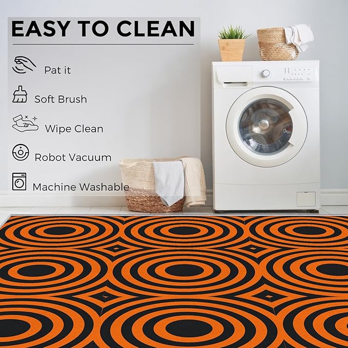 4x6 Geometric Circle Rugs for Bedroom Decor, Washable Retro 60s 70s Geometry Pattern Area Rug, Living Room Home Decoration, Non Slip Soft Thin, Black Orange Decor Carpet PF-P 49