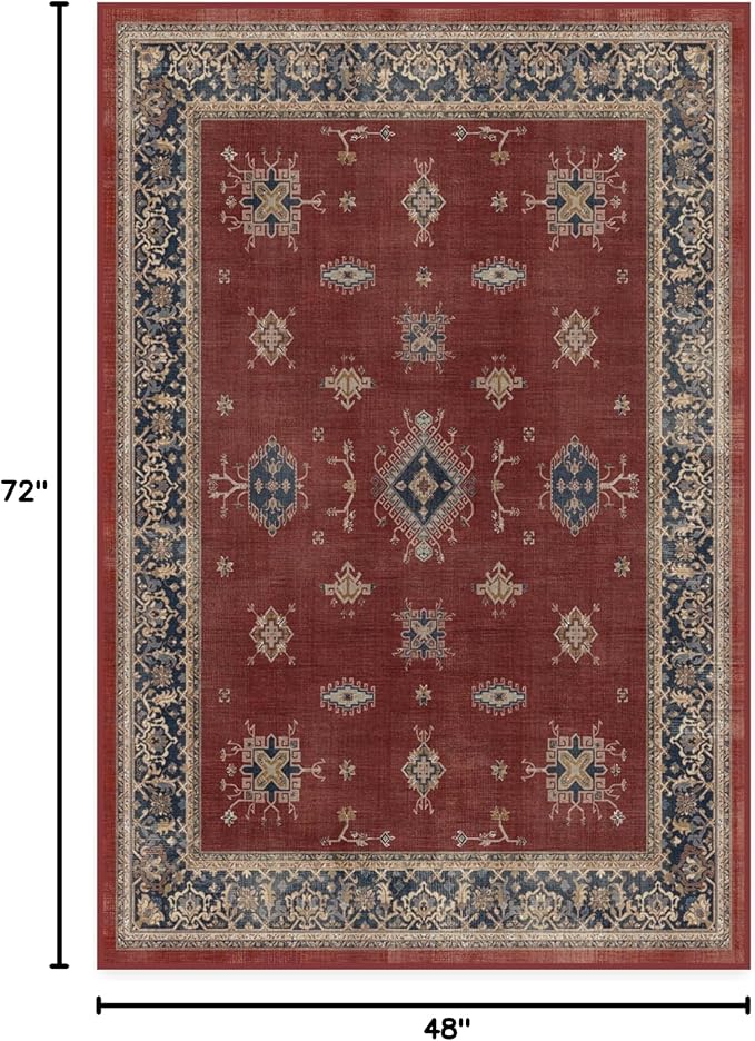 RUGGABLE Washable Vintage Area Rug – Verena Amber Red 4x6, Stain-Resistant, Non-Slip – Medium Machine Washable Rugs for Living Room, Bedroom, Hallway, Entryway & Office–with Cushioned Pad
