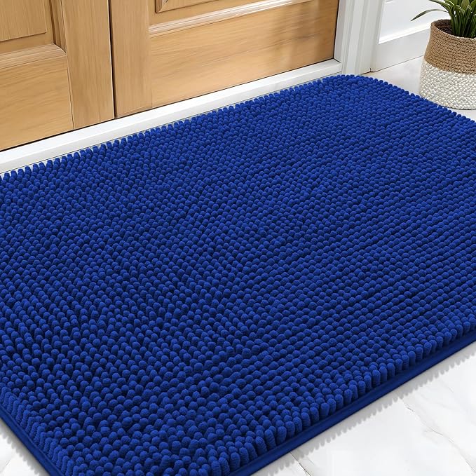 OLANLY Dog Door Mat for Muddy Paws 34x21, Absorbs Moisture and Dirt, Absorbent Non-Slip Washable Doormat, Quick Dry Chenille Mud Mat for Dogs, Entry Indoor Entryway Carpet for Inside Floor, Royal Blue