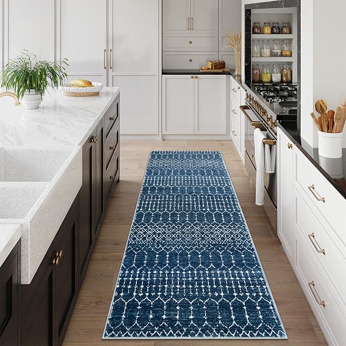 Lahome Moroccan Blue Runner Rug 2x6 Rug Non-Slip Stain Resistant Kitchen Rug Runner Low-Profile Washable Hallway Runners, Geometric Print Distressed Carpet for Entryway Laundry Room