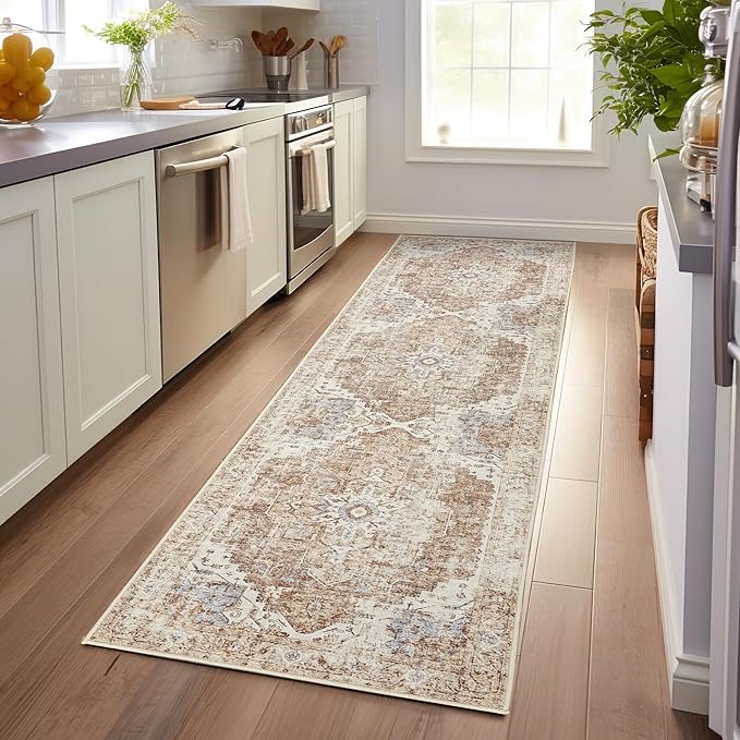 jinchan Kelda Runner Rug 3x10 Vintage Hallway Rug Washable Runner Retro Floor Cover Lightweight Non-Slip Low Pile Thin Distressed Carpet for Entryway Bathroom Laundry Room Bedroom Stairway Brick Red