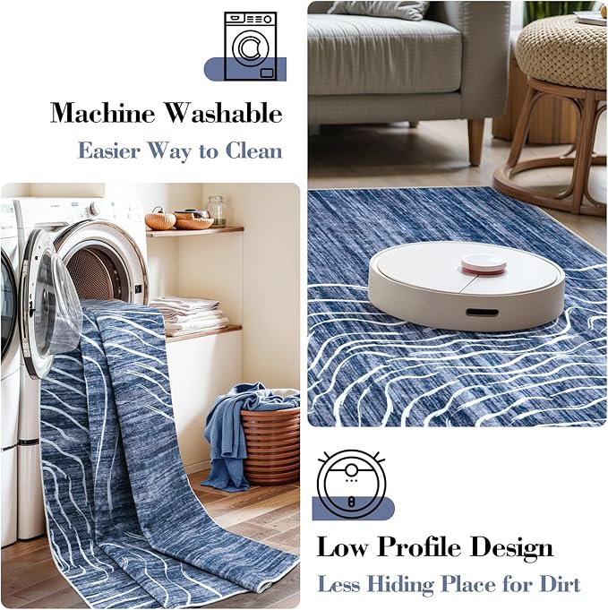 LIVEBOX Modern Abstract 5x7 Area Rugs for Living Room, Navy Blue Washable Rugs for Bedroom, Non-Slip Minimalist Neutral Wave Striped Rugs for Playroom Nursery Boys, Throw Rug Carpet for Dining Room