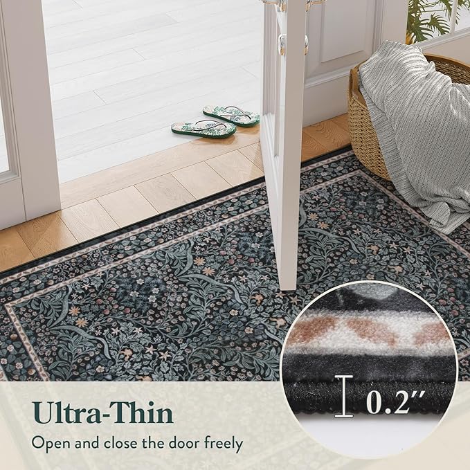 Lahome Floral Washable Kitchen Runner Rug, 2x6 Runners for Hallways Non Slip Ultra-Thin, Boho Soft Hallway Rug Forest Stain Resistance Black Carpet for Bedroom Bathroom Laundry Room, Black