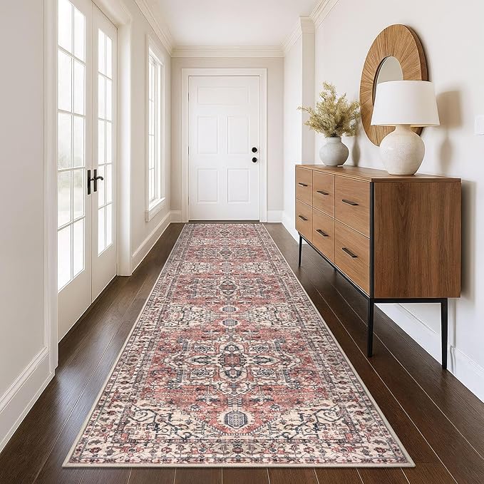 KOZYFLY Runners for Hallways 3x12 Ft Extra Long Washable Faux Wool Thin Hallway Rug Boho Runner Carpet Printed Entryway Rug for Bedroom Stairs Kitchen Living Room Hall, Terracotta/Beige