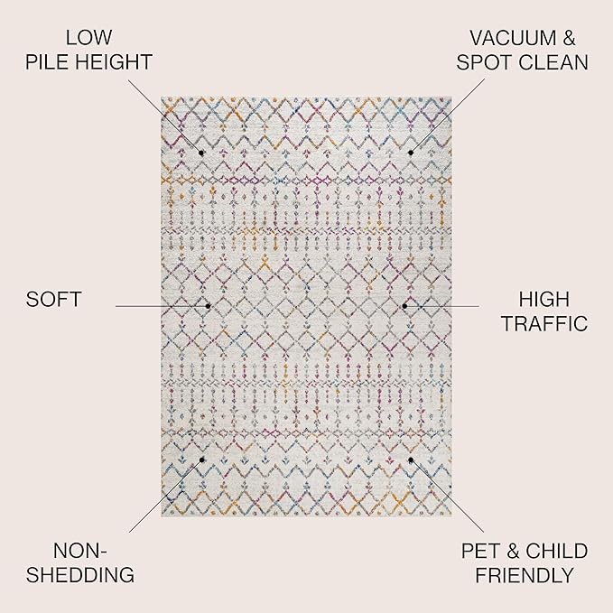 JONATHAN Y Boho Vintage Diamond Ivory/Multi Square Area Rug 5X5 ft, Moroccan Hype for Living Room, Bedroom, Kitchen, Office, Easy-Cleaning, High Traffic, Pet-Friendly, Non-Shedding (MOH101E-5SQ)