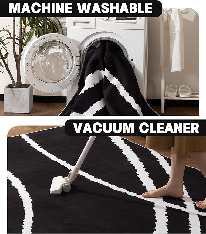 YIHOUSE Black Modern Area Rug 6x9,Abstract Rugs for Bedroom,Minimalist Striped Rug,Black and White Geometric Rug,Dark Washable Area Rugs 6x9 Non Slip Rugs for Living Room，Office