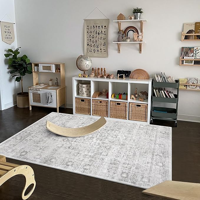 LIVEBOX Washable Gray Rug 6x9 - Vintage Soft Rug for Living Room, Large Neutral Rugs Anti-Skid Low-Pile Flower Carpet for Bedroom Office, Silverygray