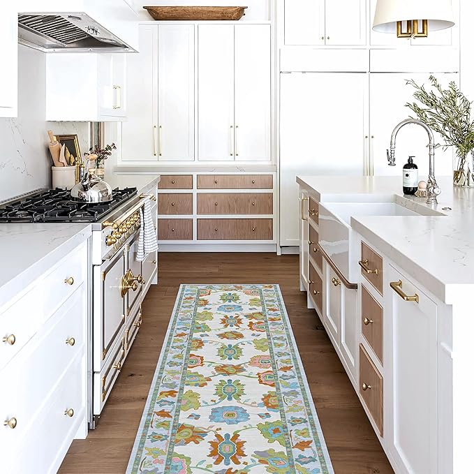 Fame Living Colorful Oushak Runner Rug, Modern Runners, Turkish, Eclectic, Floral, Pastel, Washable, Small Throw Rugs, Short Runner for Hallway, Entryway, Laundry, Foyer, Kitchen, Bathroom, 2'5"x6'5"