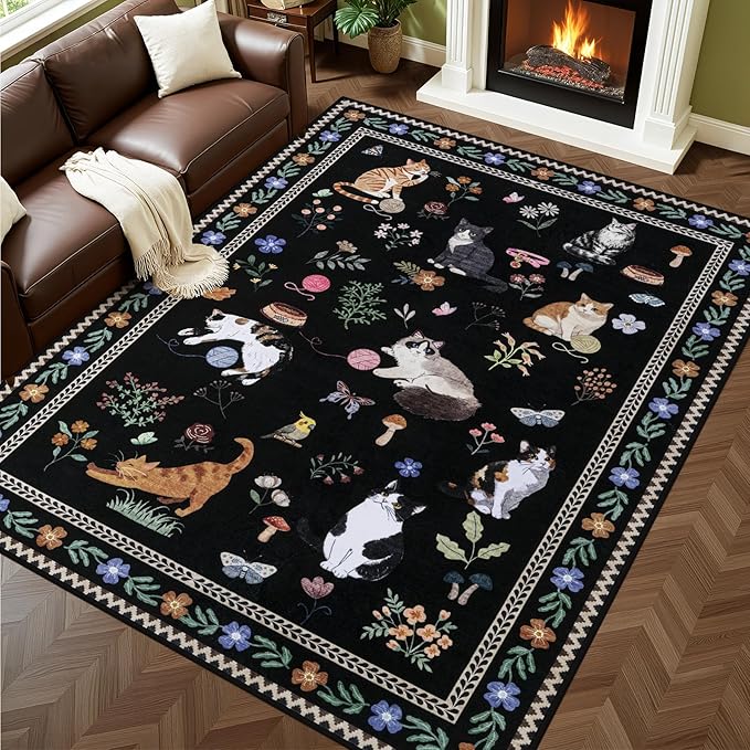 5x7 Area Rugs Living Room Rug: Vintage Washable Rug Floral Soft Carpet Indoor Floor Non-Slip Boho Stain Resistant Large Carpets for Bedroom Kids Nursery Dining Room Farmhouse Home Office Black/C01