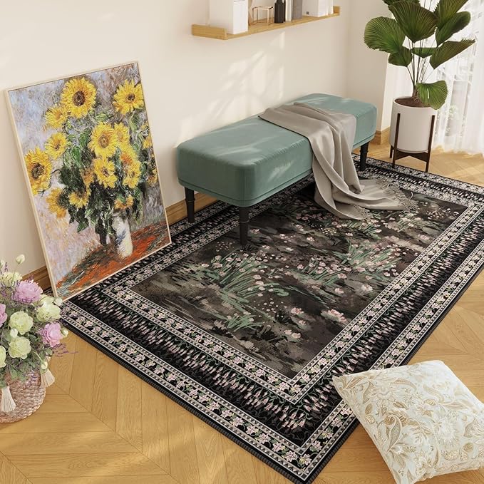 Rugcomf 3x5 Washable Rug Impressionist-Style Vintage Non Slip Low Pile Small Carpet for Bedroom Bedside Kitchen Entryway Kids Room Office College Dorm Essentials for Girls, Black