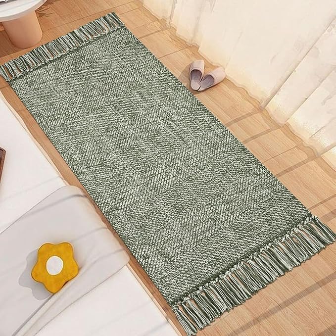 Collive Kitchen Runner Rug, 2' x 4.3' Hand-Woven Reversible Washable Rug, Olive Green/Cream Cotton Modern Farmhouse Bathroom Rug Hallway Carpet for Foyer Bedroom Entry Back Door Decor