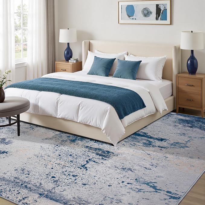 Toneed Abstract Area Rug Modern Washable Rug Soft Non Slip Rug Low Pile for Bedroom Living Room Dining Room Dusty Teal Grey 9x11 Feet