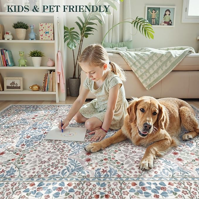Lahome Floral Washable Area Rugs 5x7, Soft Beige Rugs for Living Room Bedroom, Boho Non Slip Low Pile Forest Design Large Throw Carpet for Farmhouse Dining Room Nursery, Beige/Blue