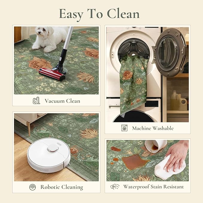 Bavni 2'6''x6 Runner Rug,Microfiber Washable Non-Slip Vintage Floral Rugs,Low Pile Lightweight Carpet for Bedroom,Hallway,Entryway,Kitchen,Bathroom, Bean Green