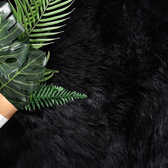 Latepis Black Furry Rugs for Bedroom Circle Faux Sheepskin Fur Rug Fluffy Round Rugs 6ft High Pile Plush Shaggy Rug for Living Room Playing Room Luxury Home Decor