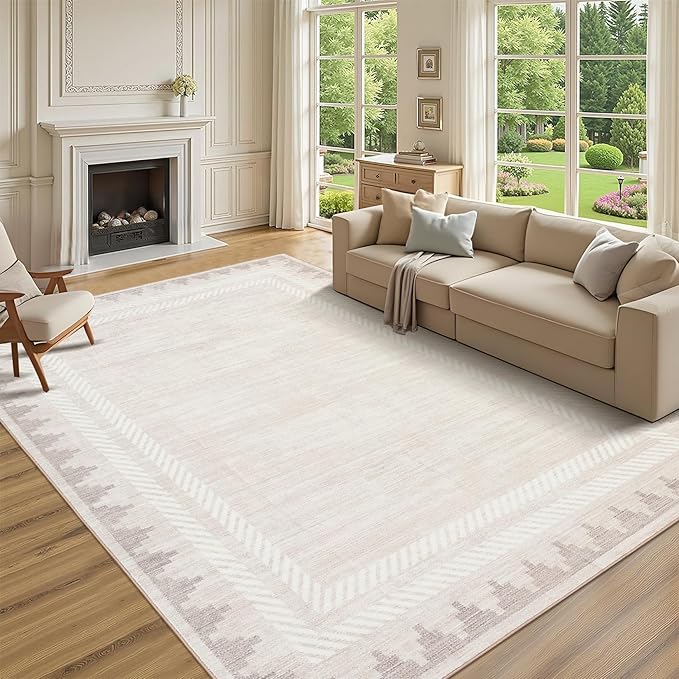 Geometric Bordered Machine Washable 9x12 Low Pile Area Rugs for Living Room Large Non Slip Soft Indoor Carpet Foldable Stain Resistant Non-Shedding Beroom Dining Room Rugs, Beige