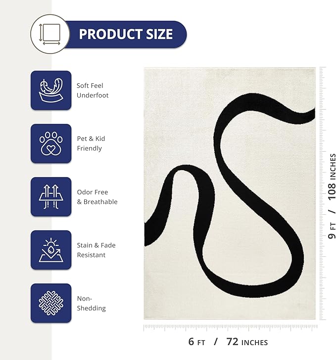 Abani Abstract Beige/Black Area Rug - 6'x9' - Modern Curved Line Design - Deco Collection - Easy to Clean - Durable for High Traffic Areas - Bedroom, Office & Kitchen - Medium Pile