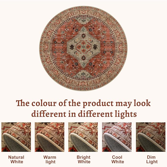 Tangsoo Round Rug 4ft Washable Circle Rug, Vintage Non Slip Small Boho Round Rug, Low Pile Circular Rugs, Round Carpet for Bedroom,Entryway,Nursery,Dorm,Kitchen,Terracotta