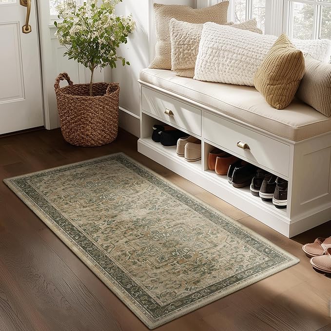2x4 Entryway Small Rug, Retro Distressed Medallion Door Mat Indoor Entrance Entry Way, Washable Non Slip Low Pile Thin Runner Rug for Kitchen Floor Sink Area Bathroom, Multi Brown/Olive