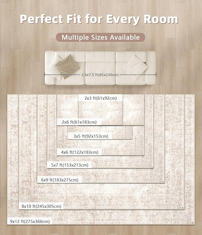 Vintage Living Room Area Rug - 8x10 Large Machine Washable Boho Moroccan Rug Distressed Farmhouse Rugs for Bedroom - Soft Non-Slip Indoor Carpet for Dining Room Office Nursery(Retro Beige, 8'x10')