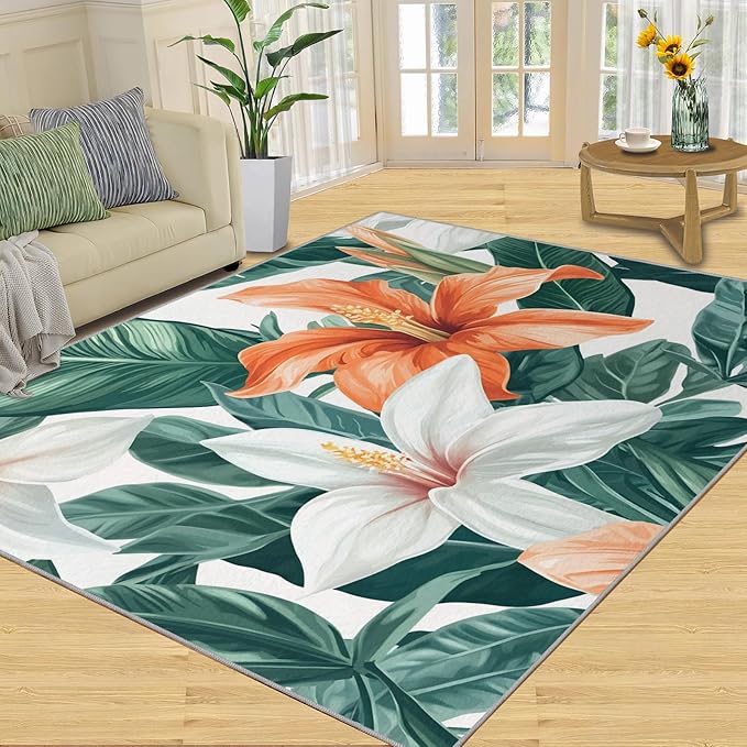 Lily Flowers Rugs for Bedroom - 3x4 Area Rug - Abstract 3D Flowers Rugs for Living Room, Tropical Plants Rug, Washable Home Decor Carpet