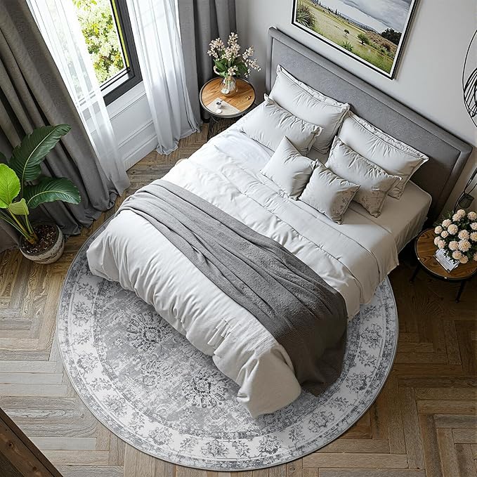 jinchan Fiora Round Rug 8ft Area Rug - Grey Vintage Floor Mat Indoor Ultra-Thin Soft Floral Print - Washable Circle 8' Retro Accent for Farmhouse Non Slip Dining Room Living Room Bedroom Office