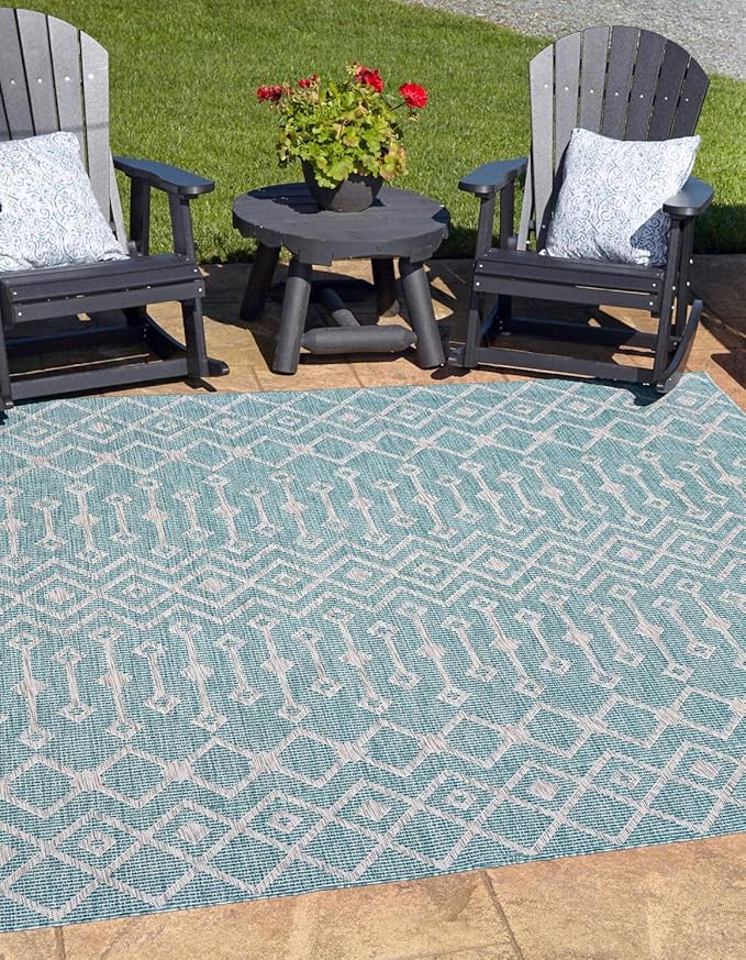 Unique Loom Outdoor Trellis Collection Area Rug - Tribal Trellis (10' 8" Square, Aqua/ Ivory)