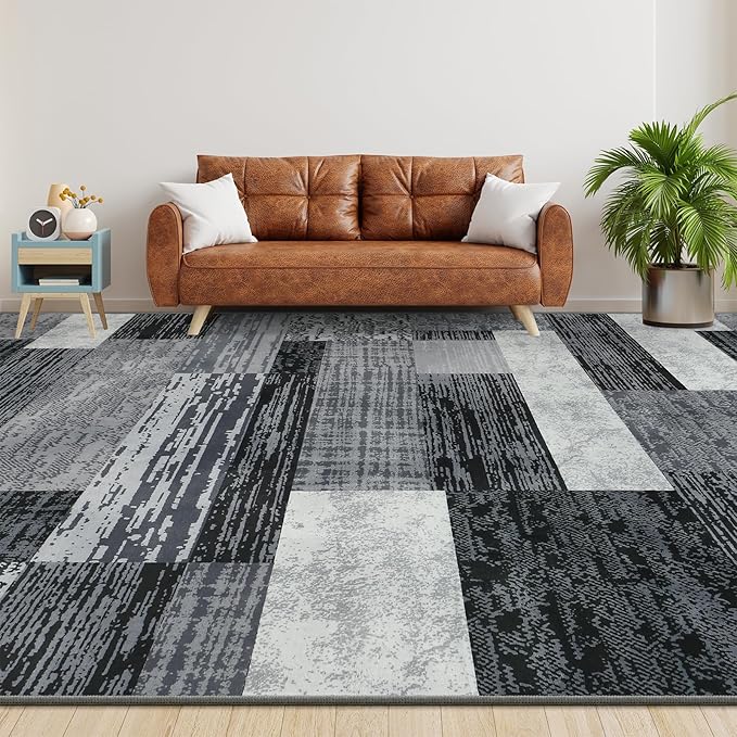 Large Area Rugs,Modern Geometric Patchwork Floor Decor for Bedroom Aesthetic Carpet, Rockwood Collection, Indoor Rugs for Living Room, Dining Room, Nursery, Office, Machine Washable Rug,4x6 Ft Grey