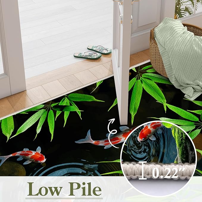 Pond Koi Fish Living Room Rug, 6x8ft, Summer Greenery Moss Stream Indoor Decor Carpet, with Non-Slip Backing Absorbent Thin Mat, Soft Easy Clean Washable Rugs for Office Entryway