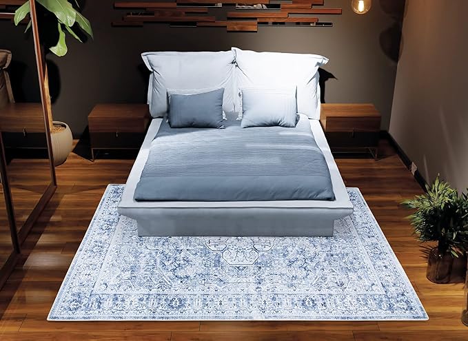 Bloom Rugs Washable Non-Slip 9' x 12' Rug - Ivory/Denim Blue Traditional Medallion Area Rug for Living Room, Bedroom, Dining Room, and Kitchen - Exact Size: 9' x 12'