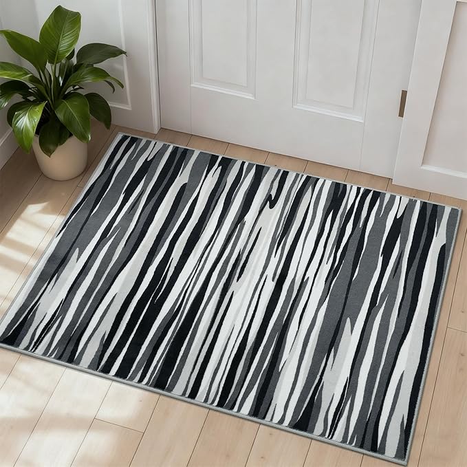 YIHOUSE 2×3 Ft Entryway Rug: Modern Washable Rug - Abstract Small Area Rug for Indoor Entrance Kitchen Floor Home Decor - Nonslip Non-Shedding Striped Rugs, Black Grey & White
