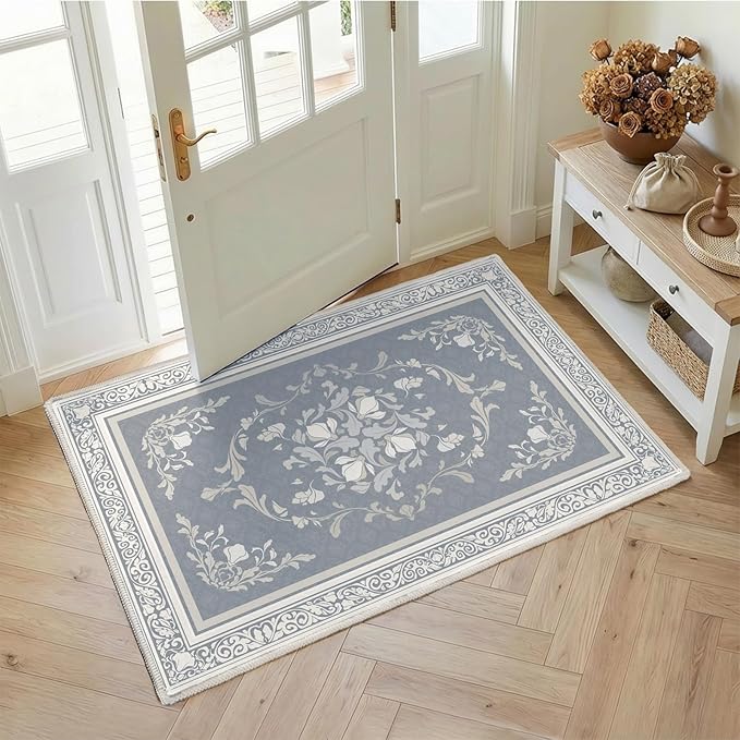 SOULFUL Medium Pile 2x3 Entryway Rug - Cozy Soft Underfoot Small Area Rug - Greige Boho Floral - Washable Non-Slip - Perfect for Hallway Kitchen Bedroom Bathroom Indoor Entrance