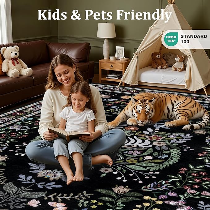 9x12 Area Rugs Living Room Rug: Vintage Washable Rug Floral Soft Carpet Indoor Floor Non-Slip Boho Stain Resistant Large Carpets for Bedroom Kids Nursery Dining Room Farmhouse Home Office Black