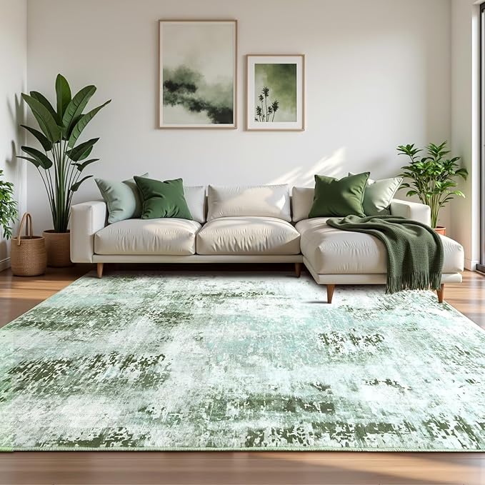Washable Abstract Rug, 5x7 Modern Area Rugs with Non-Slip Rubber Backed for Living Room, Thin but Soft Contemporary Carpet Kitchen Bedroom Dining Room Decor, Green