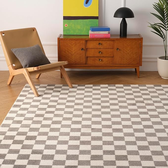 Revival Rugs Gambit 6'7"x9' Checkered Rug Washable Area Rug for Living Room Bedroom - 100% Recycled Oeko-TEX Certified, Medium Pile, Gray, Beige