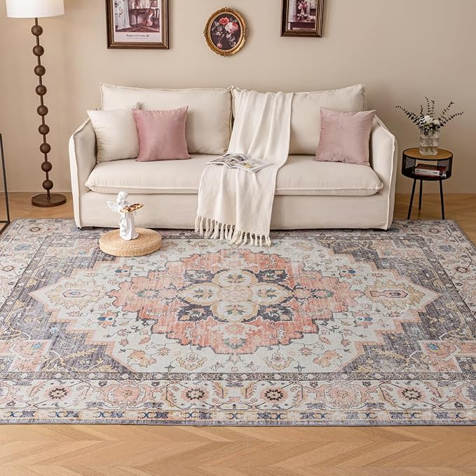 VK VK·LIVING Machine Washable Rug 6'x9' Vintage Design Washable Area Rugs with Non Slip Rugs for Living Room Bedroom Traditional Woven Carpet Stain Resistant, Dining Office Boho Rug (Mistyrose)