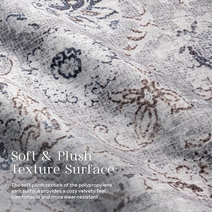 Phantoscope Washable Runner Rug 2'x6' Non-Slip, Vintage Neutral Hallway Rugs for Entryway, Stair, Bedroom, Distressed Boho Floral Medallion Pattern, Low-Pile Foldable Carpet, Light Grey/Neutral