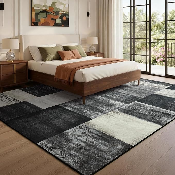 DweIke Washable Area Rugs for Living Room, 4x6 Soft Bedroom Rugs, Geometric Print Non-Slip Modern Rug, Stain Resistant Throw Carpets for Office Nursery Dining Room Home Dorm Decor, Black and White