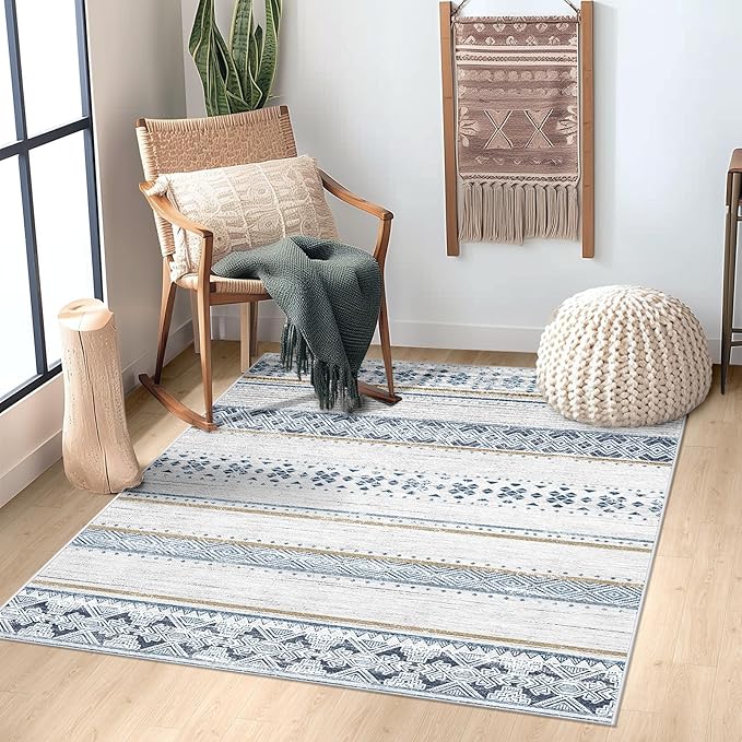 BESTSWEETIE 3x5 Area Rugs for Living Room Washable Moroccan Farmhouse Neutral Geometric Low Pile Non-Slip Soft Print Pattern Rug for Bedroom Kitchen Dining Room Entryway Blue/Brown