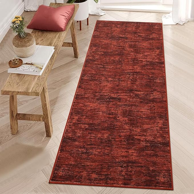 RUGSREAL 2x6 Runner Rug Washable Kitchen Runner Rug Modern Abstract Runner Mat for Hallway Contemporary Solid Rug Non-Slip Foldable Aesthetic Accent Floor Carpet for Living Room Bedroom, Red