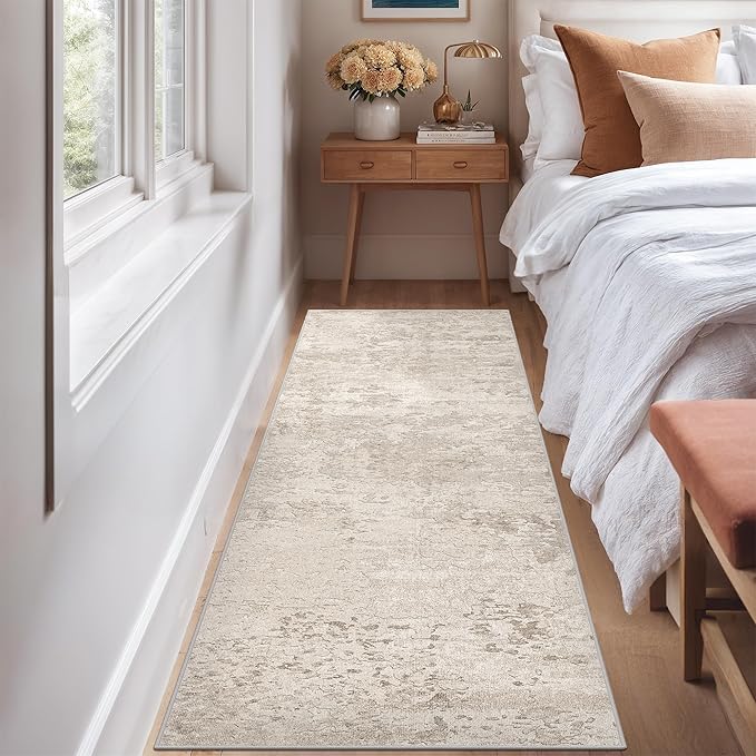 Art&Tuft Non-Slip Runner Rug - 3x5 Runner Rug Washable Low-Pile Rugs Runners, Soft Distressed Carpet Runner for Bedroom Bathroom Kitchen Laundry Living Room, Beige