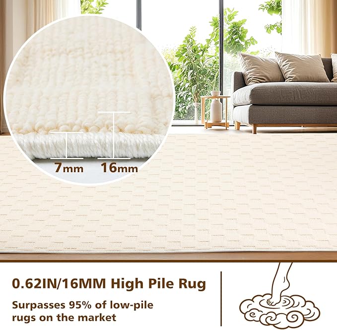 ANSSO Wool Rugs 8x10 for Living Room,80% Merino Wool and 20% Cotton Soft Tufted Area Rug with Cotton Non-Slip Backing,Large Area Rug for Bedroom Bedroom, Dining and Home Office (Cream)