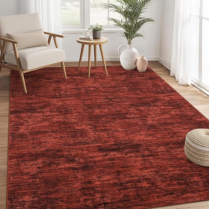 RUGSREAL Living Room Area Rug 9x12 Washable Rug Non-Slip Stain Resistant Modern Abstract Bedroom Rug Contemporary Throw Floor Carpet for Dining Room Solid Area Rug for Home Office, Red