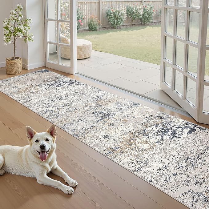 Washable Runner Rug for Hallway: 2.6x14 Neutral Modern Abstract Low Pile Area Rug with Non-Slip Backing - Carpet for Bedroom Kitchen Laundry Entryway Bathroom Indoor - Beige Blue