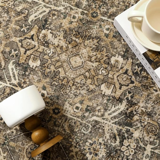 Vintage Area Rug 4x6 Brown Entryway Office Washable Carpet Non Slip Bedroom Indoor Living Room Door Mat Low Pile Traditional Distressed Retro Accent Rug for Dining Room Bathroom Kitchen