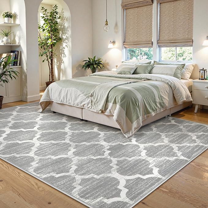 Lahome Moroccan Washable Rugs 8x10,Grey Rug for Living Room,Soft Boho Large Bedroom Rug 8x10 Under Bed Boho Dining Room Rugs for Under Table Geometric Office Room